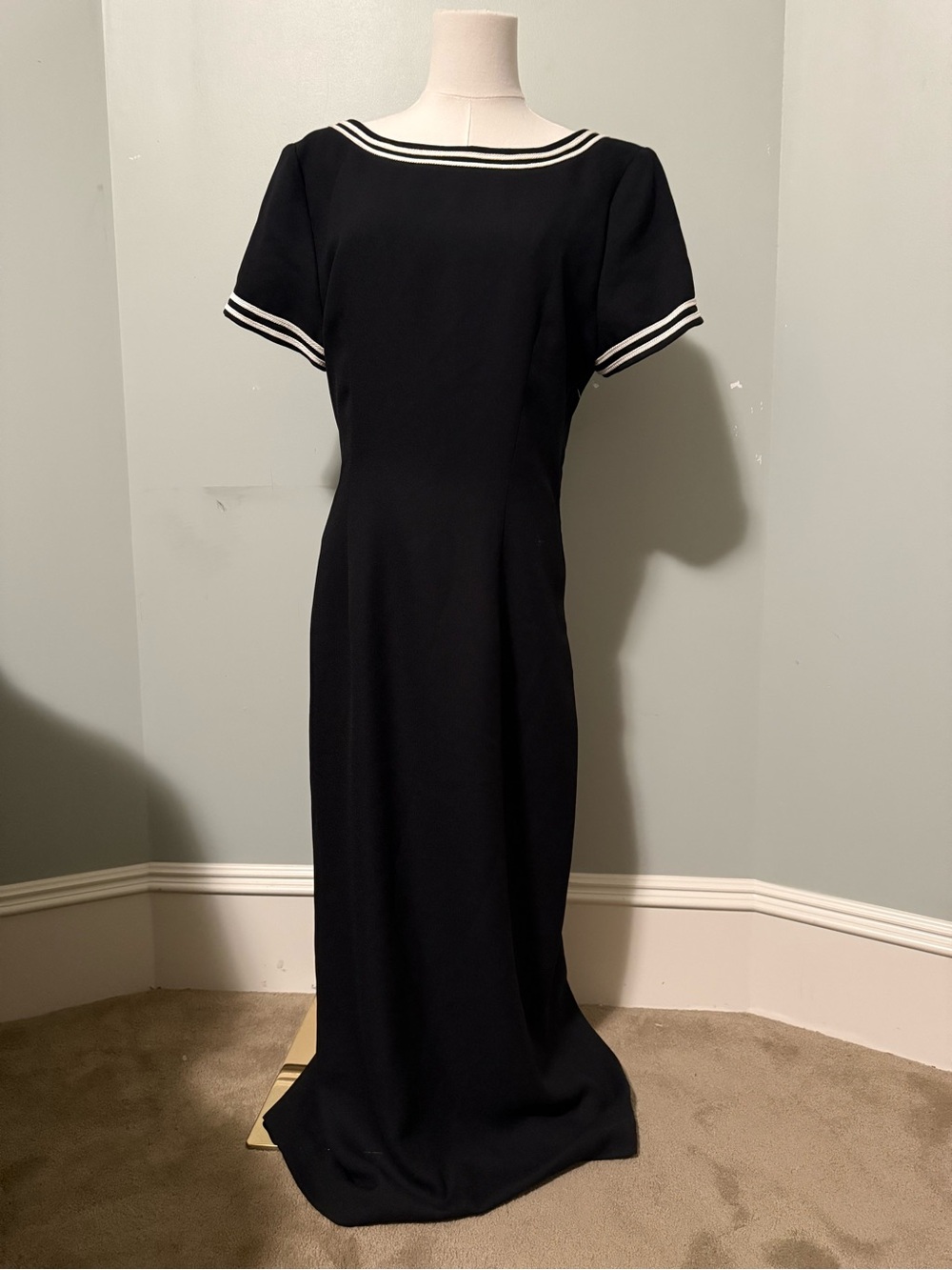 Maggy London Black Maxi Dress with White Sailor Trim